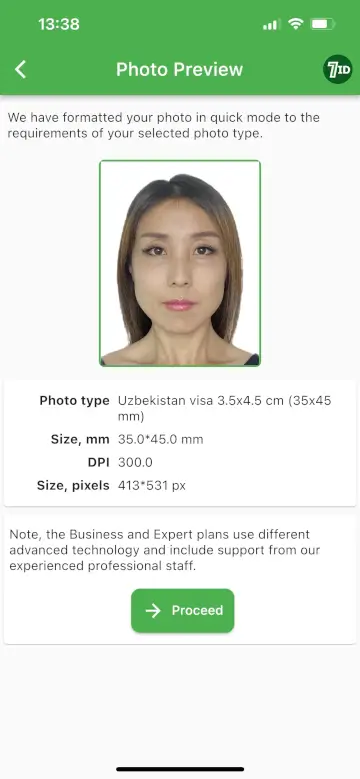 Aplicația 7ID: Exemplu de fotografie pentru viză pentru Uzbekistan