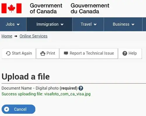 Kanada Visum Foto Upload Ergebnisbildschirm