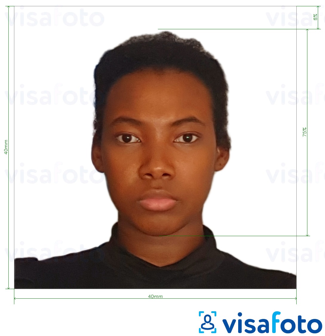 Fotobeispiel für Kamerun Visum 4x4 cm (40x40 mm) mit genauer größenangabe