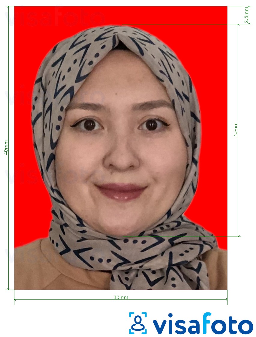 Fotobeispiel für Indonesien Visum 3x4 cm (30x40 mm) rot Online-Hintergrund mit genauer größenangabe