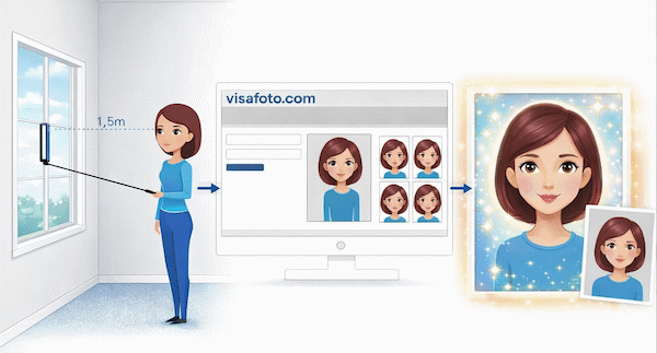 Nehmen sie ein bild mit einem smartphone oder einer kamera gegen eine helle wand auf, laden sie es hier hoch und machen sie ein passendes foto für ihr visum, ihren pass oder ausweis.